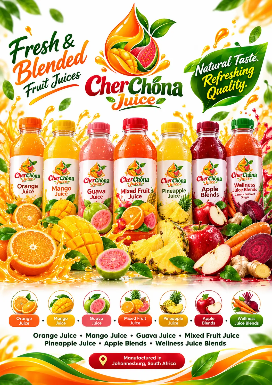 Cher Chona juice bottles with fresh fruit
